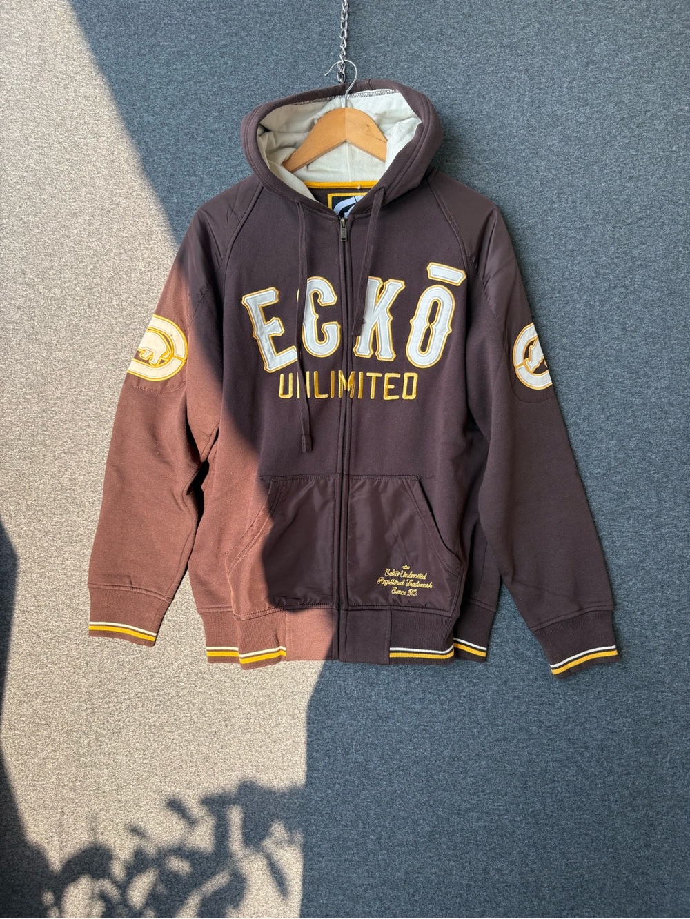 Vintage Y2K Ecko Unlimited Brown Zip-Up Hoodie with Yellow Accents